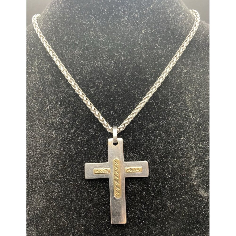 14k Yellow Gold Accent Necklace Cross Stainless Steel Wheat Foxtail 24" Chain